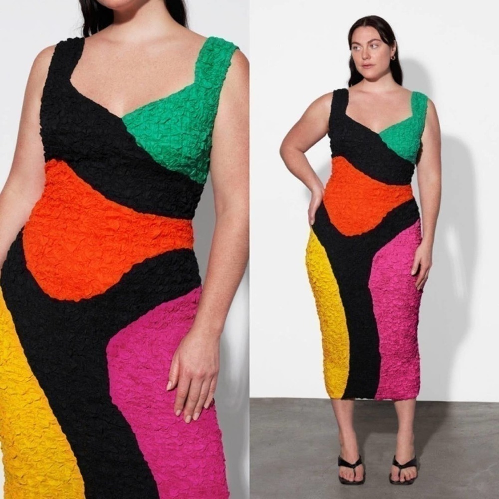 Textured Colorblock V-Neck Midi Dress - Green, Orange, Pink, Yellow, Black